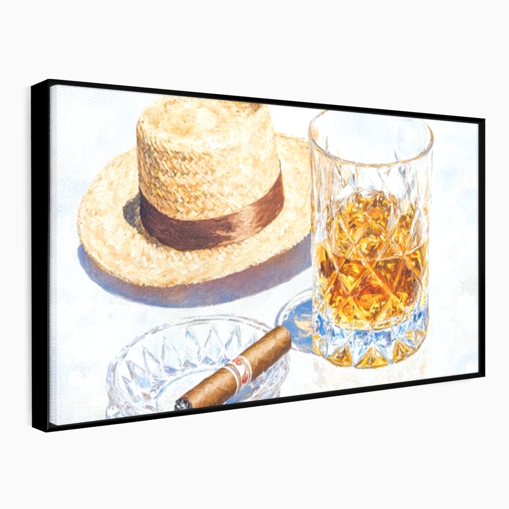 Tablou canvas cu natura statica cu palarie si pahar de whisky, in rama de aluminiu negru